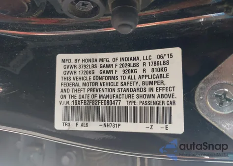 2015 Honda Civic Ex из США, поврежденный, VIN 19XFB2F82FE080477